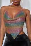 Разноцветные сексуальные лоскутные асимметричные топы с открытой спиной и лямкой на шее