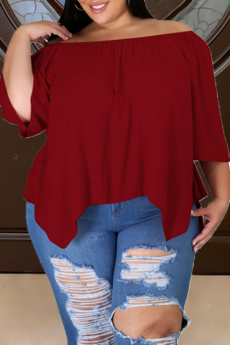 Deep Red Casual Solid Split Joint Asymmetrical Off the Shoulder Plus Size Tops