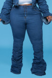 Blauwe casual stevige patchwork gevouwen jeans in grote maten