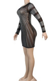 Black Sexy Solid Patchwork See-through Hot Drill O Neck A Line Dresses