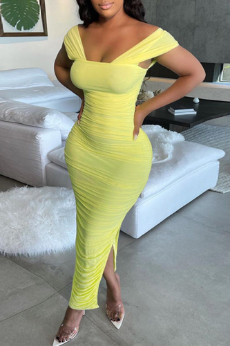 Yellow Sexy Solid Patchwork Square Collar Pencil Skirt Dresses