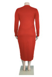 Röd Mode Sexig Solid urholkad V-hals Långärmad Plus Size Klänningar