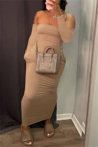 Khaki Fashion Sexy Solid Backless Strapless Long Sleeve Dresses