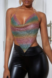Multicolor Sexy Patchwork Backless Asymmetrical Halter Tops