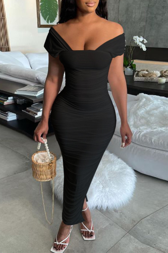 Black Sexy Solid Patchwork Square Collar Pencil Skirt Dresses