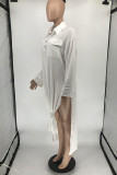 Белое модное повседневное однотонное платье-рубашка с отложным воротником и разрезом Платья Платья