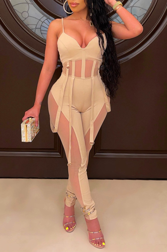 Apricot Sexy Solid Mesh Spaghetti Strap Skinny Jumpsuits