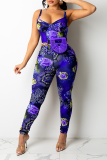 Rot Sexy Print Patchwork Spaghetti-Träger Skinny Jumpsuits