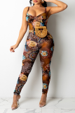 Brown Sexy Print Patchwork Spaghetti Strap Skinny Jumpsuits
