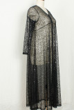 Robes noires sexy imprimées patchwork paillettes transparentes col en V manches longues grande taille