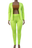 Fluorescent Green Casual Solid Patchwork Buttons Turn-back Collar Plus Size Two Pieces