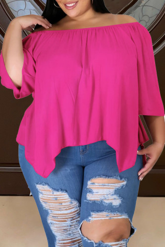 Rose Red Casual Solid Split Joint Asymmetrical Off the Shoulder Plus Size Tops