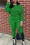 Green Casual Plaid Patchwork Off the Shoulder Long Sleeve Two Pieces