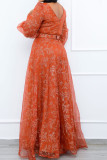 Tangerine Elegant Print Patchwork mit Gürtel Mesh V-Ausschnitt Langarm Kleider