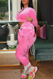 ピンクファッションカジュアルソリッドベーシックジッパーカラー長袖ツーピース