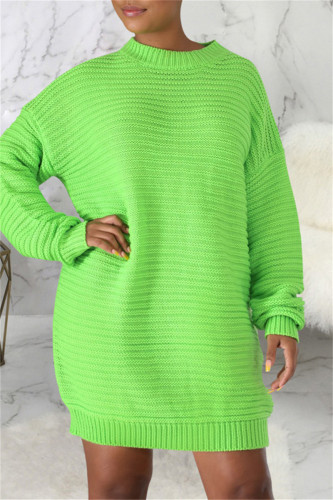 Grönt mode Casual Solid Basic O-hals långärmade klänningar