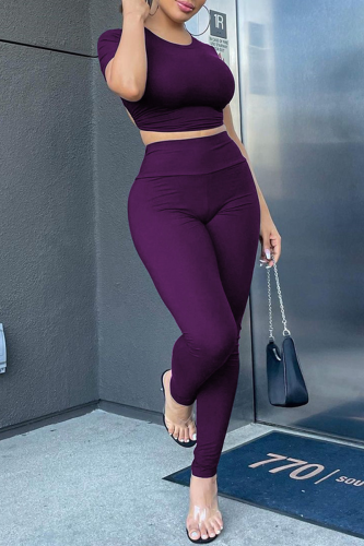 Purple Sportswear Solid Patchwork O Neck Short Sleeve Two Pieces