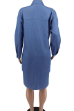 Синее повседневное однотонное платье-рубашка в стиле пэчворк с отложным воротником Платья Платья
