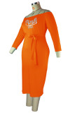 Orange Casual Print Patchwork Off the Shoulder One Step Skirt Plus Size Dresses