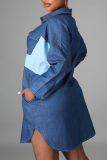 Blaues, lässiges, solides Patchwork-Hemdkleid mit Umlegekragen