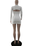 White Sexy Solid Hollowed Out Patchwork Backless U Neck Dresses