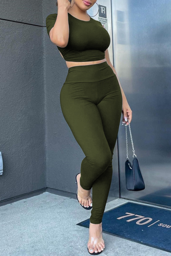 Army Green Sportswear Solid Patchwork O Neck Short Sleeve Two Pieces