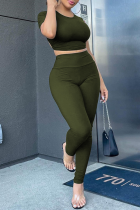 Manga curta sólida com decote em O de retalhos sólidos do Sportswear verde do exército duas partes