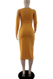 Orange Yellow Elegant Solid Patchwork O Neck One Step Skirt Dresses