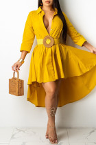 Желтые модные повседневные однотонные асимметричные платья-рубашки с отложным воротником, платья