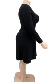 アースイエローファッションカジュアルソリッドベーシックVネック長袖プラスサイズのドレス
