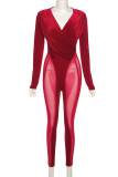 Red Sexy Solid Patchwork See-through Mesh V Neck Straight Jumpsuits（Without Gloves）
