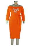 オレンジ カジュアル プリント パッチワーク オフショルダー ワンステップ スカート プラス サイズ ドレス