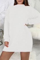 Weiße, modische, lässige, solide Basic-Kleider mit O-Ausschnitt und langen Ärmeln