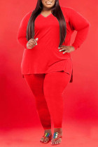 Rouge Casual Solid Patchwork V Neck Plus Size Two Pieces