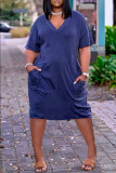 Mörkblå Mode Casual Solid Basic V-ringad kortärmad klänning