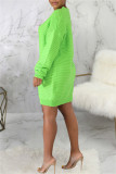 Зеленые модные повседневные однотонные базовые платья с круглым вырезом и длинными рукавами
