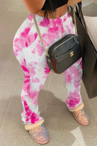 Pantaloni skinny a vita alta con stampa tie-dye patchwork rosa casual con stampa completa