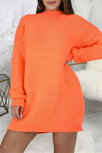 Оранжевые модные повседневные однотонные базовые платья с круглым вырезом и длинными рукавами