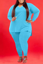 Light Blue Casual Solid Patchwork V Neck Plus Size Two Pieces