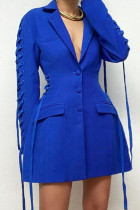 Blauwe mode casual effen patchwork frenulum turn-back kraag bovenkleding