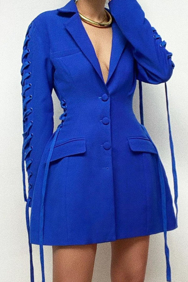 ブルー ファッション カジュアル ソリッド パッチワーク 小帯 折り返し襟 アウター