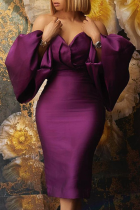 紫のセクシーな無地フラウンス オフショルダー ペンシル スカート ドレス