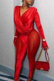Red Sexy Solid Patchwork See-through Mesh V Neck Straight Jumpsuits（Without Gloves）