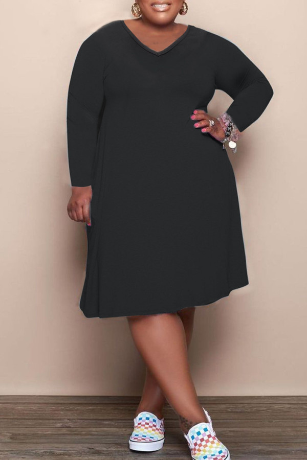 Черные модные повседневные однотонные базовые платья больших размеров с V-образным вырезом и длинным рукавом