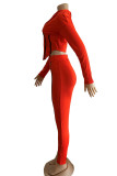 Красный Повседневная спортивная одежда Однотонный Лоскутная молния Воротник с капюшоном Длинный рукав Две части