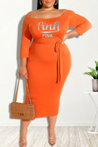 Oranje casual print patchwork off-shoulder eenstaps rok plus size jurken