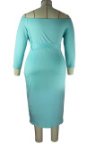 Blue Casual Solid Bandage Patchwork Off the Shoulder One Step Skirt Plus Size Dresses