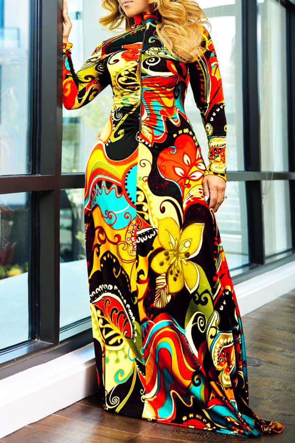 Gele sexy print patchwork coltrui onregelmatige jurkjurken