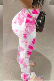 Pantalones con estampado casual y estampado tie-dye patchwork pitillo de cintura alta con estampado completo rosa