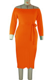 Orange Casual Solid Bandage Patchwork Off the Shoulder One Step Skirt Plus Size Dresses